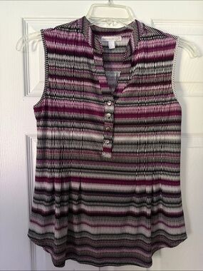 Westport Striped Sleeveless Henley Top in Purple, Black and White